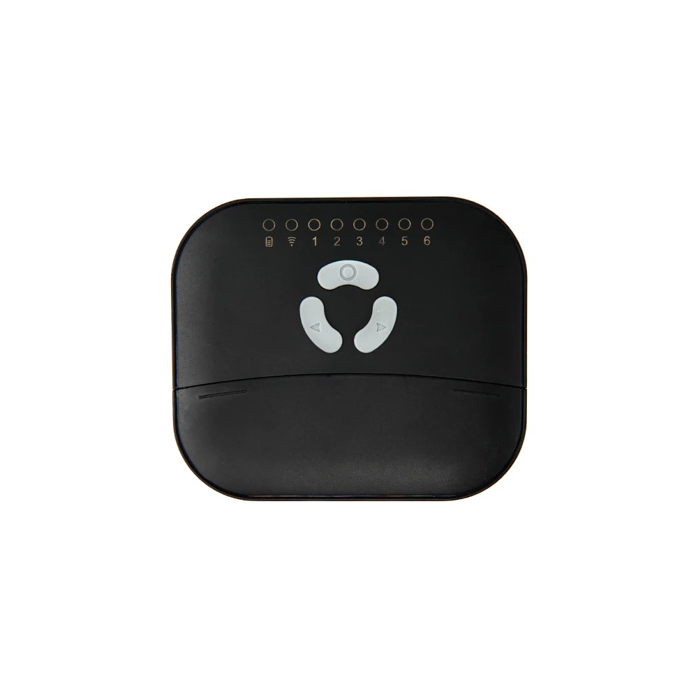 Black electronic device with a white logo on a white background