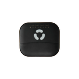 Black electronic device with a white logo on a white background
