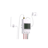White Sonoff power meter with a screen and wires on a white background