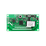 Green electronic circuit board with various components on a white background