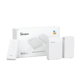 Sonoff Zigbee Smart Curtain Motor packaging with multiple devices displayed on a white background