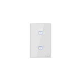 White rectangular smart switch with blue indicator lights on a white background