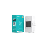 White Sonoff pool switch with its packaging on a white background
