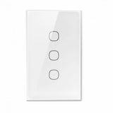 White light switch panel with three circular buttons on a white background