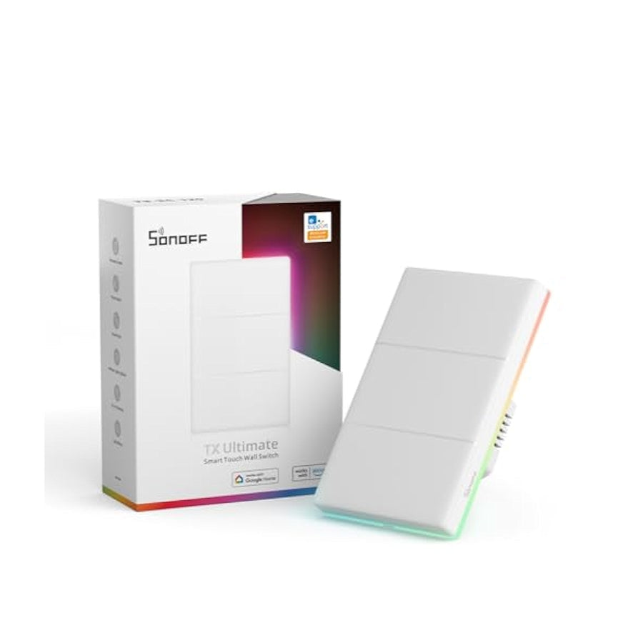 Sonoff TX Ultimate smart touch wall switch with packaging on a white background