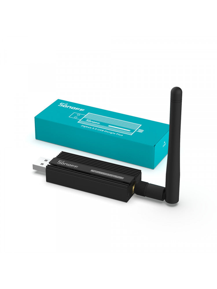 Black USB network adapter with antenna and Sonoff branding on a white background