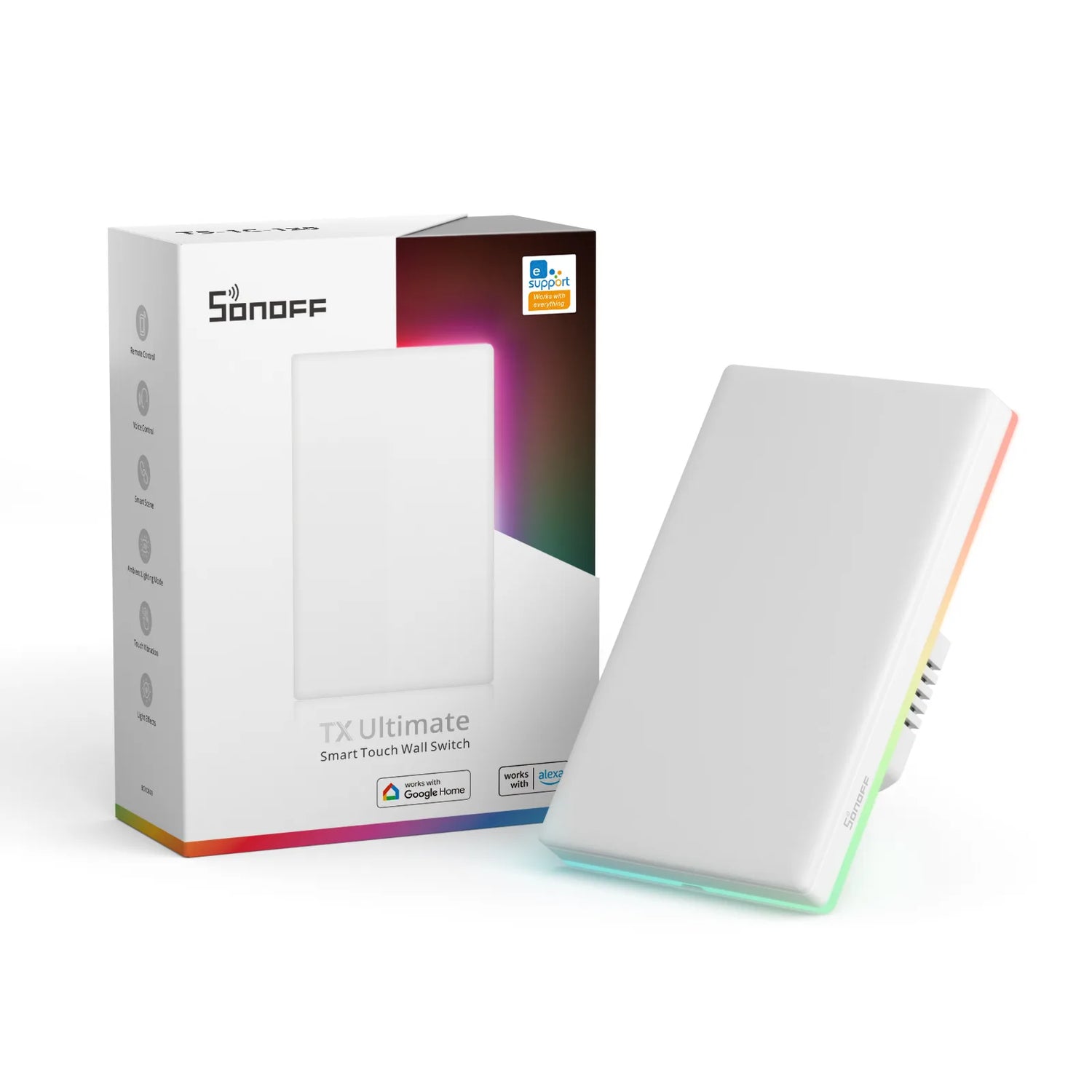 Sonoff T5 smart touch wall switch with packaging on a white background