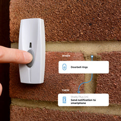 Hand pressing a doorbell button on a brick wall with a smartphone app interface overlay.