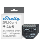 Shelly 2PM Gen4 smart switch packaging with device illustration on a white background